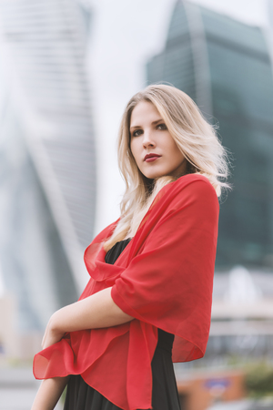 Outdoors portrait of beautiful young woman. Selective focus.の写真素材