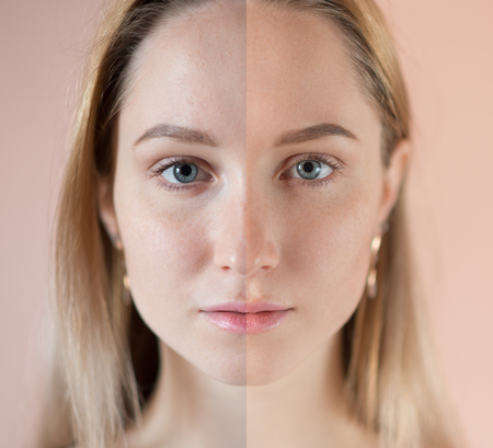 Beauty concept - retouch before and after. Beautiful woman with blue eyes.の写真素材