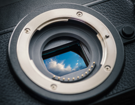 Sensor of a mirrorless camera with clouds. Concept photo.の写真素材