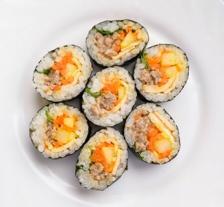 Rolls with tuna in white dish. Selective focus.の写真素材