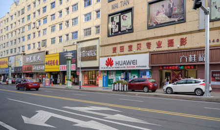 MISHAN, CHINA - JULY 28, 2019: Huawei logo at store. Huawei is a Chinese multinational technology company.のeditorial素材