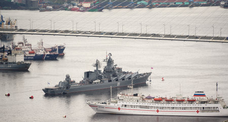 VLADIVOSTOK, RUSSIA - JULY 23, 2020: The parade of warships during the celebration of the day of the navy.のeditorial素材