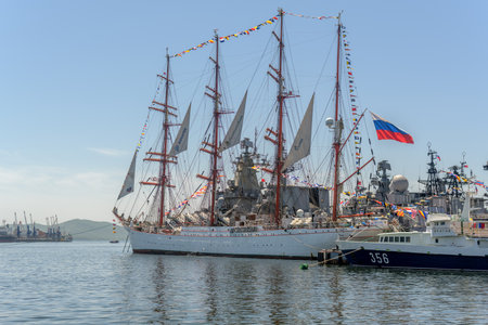 VLADIVOSTOK, RUSSIA - JUNE 12, 2020: "Sedov", four-masted steel barque in port.のeditorial素材