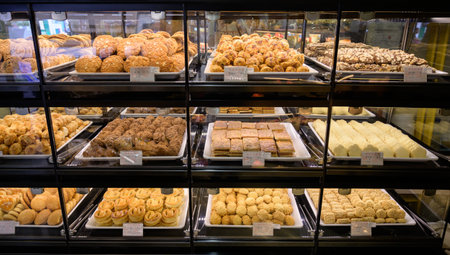 MISHAN, CHINA - JULY 28, 2019: Various baked products at chinese shop. Selective focus.のeditorial素材