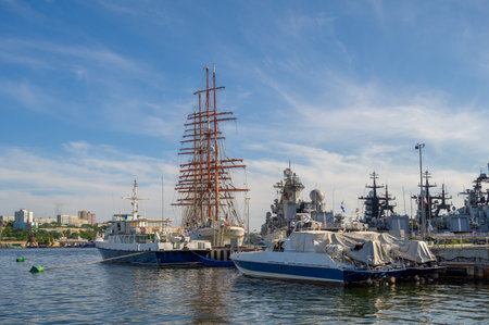 VLADIVOSTOK, RUSSIA - JULY 13, 2020: "Sedov", four-masted steel barque in port.のeditorial素材