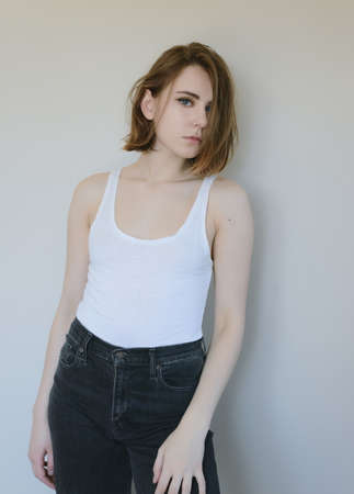 Portrait of a beautiful young woman with blue eyes.の写真素材