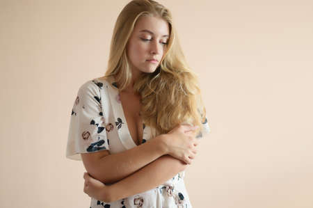 Portrait of beautiful sensual woman with blue eyes. Studio shot.の写真素材