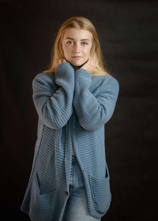 Portrait of beautiful sensual woman with blue eyes. Studio shot.の写真素材