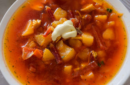 Borshch, traditional Russian and Ukrainian soup close-up.の写真素材