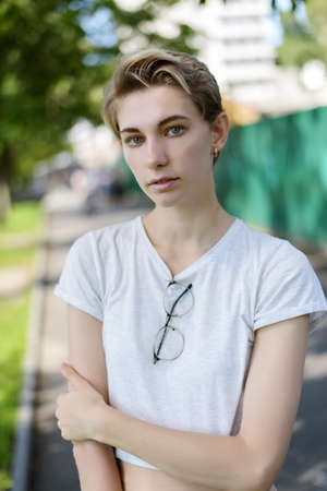 Portrait of beautiful young woman wearing glasses.の写真素材