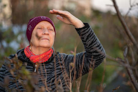 Autumn Portrait of Beautiful Aged Woman. Natural Light.の写真素材