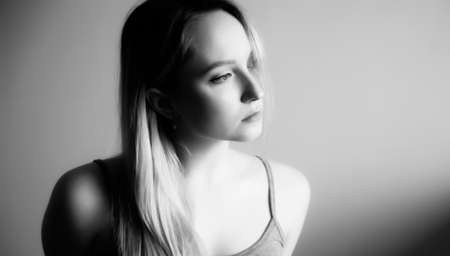 Black and white portrait of a beautiful young woman.の写真素材
