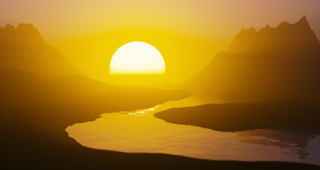 Surreal rocky landscape at sunset. 3D rendering.の写真素材