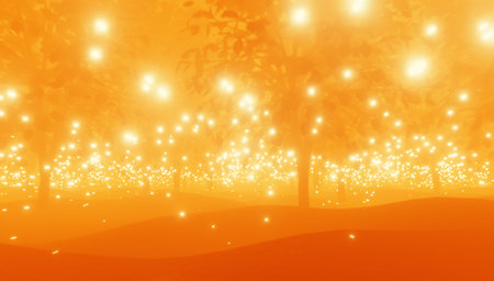 Colorful fairy forest with fireflies. 3D rendering.の写真素材