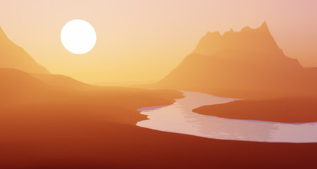 Surreal rocky landscape at sunset. 3D rendering.の写真素材