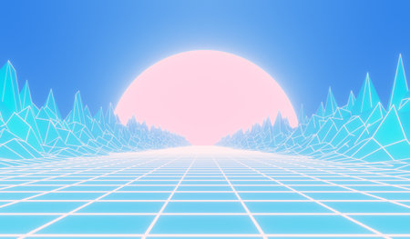 Retro sci-fi wireframe landscape. 3D rendering.の写真素材