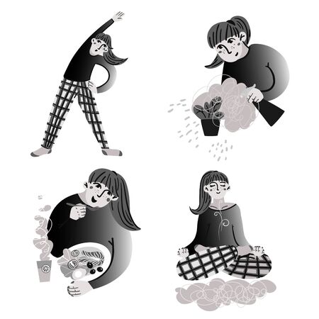 For those who stayed at home in quarantine, do not be bored. It is simple move more, carry out wet cleaning, eat healthy food, and most importantly, do not worry. Illustration, vector.のイラスト素材