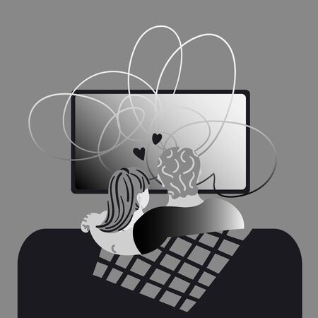 A young couple watching a movie together at home. Black and white graphics. Vector illustration.のイラスト素材