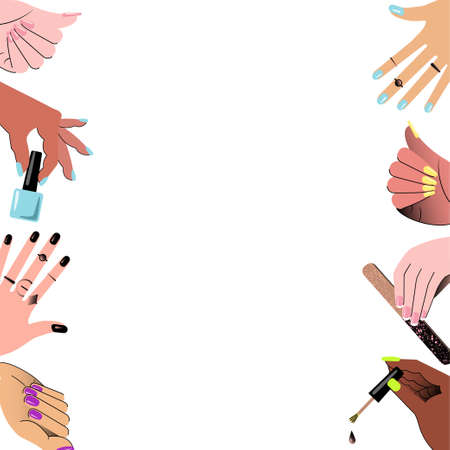 Frame with hands showing manicure and nail care. Vector.のイラスト素材