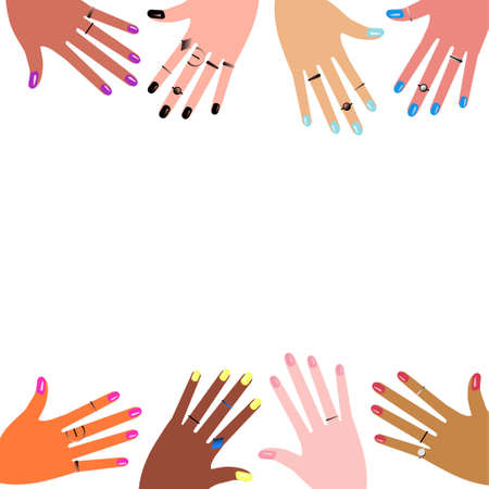 Frame with hands showing manicure and nail care. Vector illustration.のイラスト素材