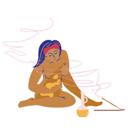 The girl does oil massage. Ayurveda, abhyanga concept clipart. Vector illustration. Flat style.のイラスト素材