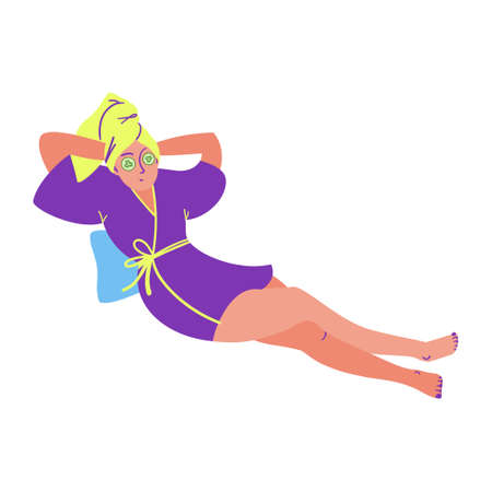 The girl makes a mask. Rest and relaxation. Beauty, care, hygiene concept clipart. Vector illustration. Flat style.のイラスト素材