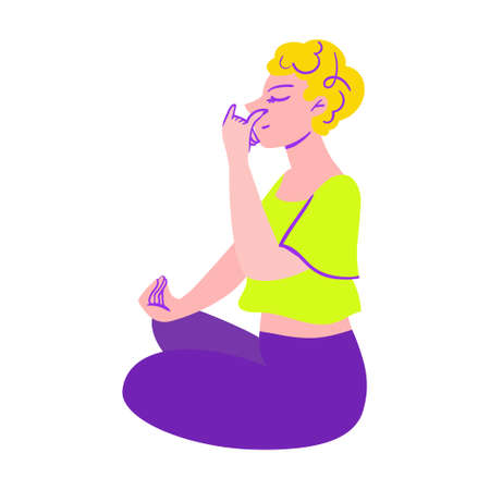 The girl is doing pranayama. Rest and relaxation. Beauty, care, hygiene concept clipart. Vector illustration. Flat style.のイラスト素材