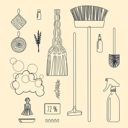 A set of accessories for cleaning the house for a zero waste lifestyle. Vector. Illustration in a line drawing style.のイラスト素材