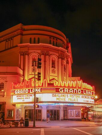 OAKLAND, CALIFORNIA -- May 4, 2019: Evening at the Grand Lake Theatre, a historic movie palace located in the Grand Lake neighborhood of Oakland, California.のeditorial素材