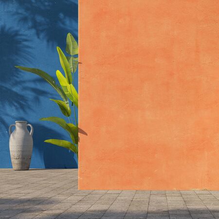 Bright painted orange and blue wall with green tropical leaves, sunlight with shadows. Summer, spring background. 3d rendering.の写真素材