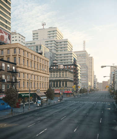 Empty city, streets during Corona Virus quarantine. 2019-ncov, Stay at home concept. Full CGI, 3d rendering.のeditorial素材