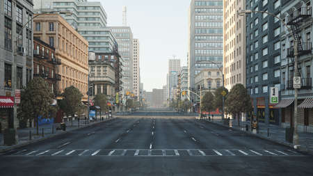 Empty city, streets during Corona Virus quarantine. 2019-ncov, Stay at home concept. Full CGI, 3d rendering.のeditorial素材