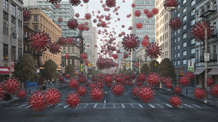 Empty city, streets during Corona Virus quarantine. 2019-ncov, Stay at home concept. Flying coronavirus particles on air. Full CGI, 3d rendering.のeditorial素材