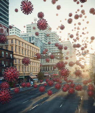Empty city, streets during Corona Virus quarantine. 2019-ncov, Stay at home concept. Flying coronavirus particles on air. Full CGI, 3d rendering.のeditorial素材