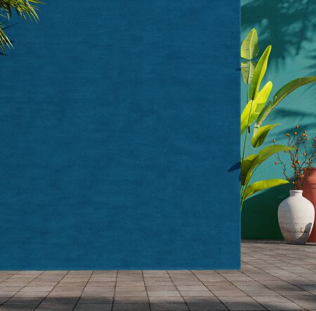 Painted blue and green wall with green tropical leaves, sunlight with shadows and flower pot. Summer, spring background. 3d rendering.の写真素材
