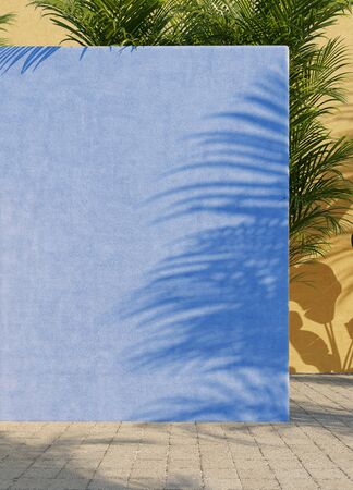 Blue and yellow painted walls with green tropical leaves, sunlight with shadows. Summer, spring background. 3d rendering.の写真素材