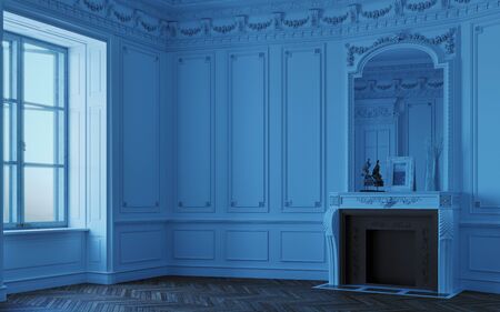 Night blue light empty white colored room with big windows. Fireplace and wall decoration. 3d rendering.の写真素材
