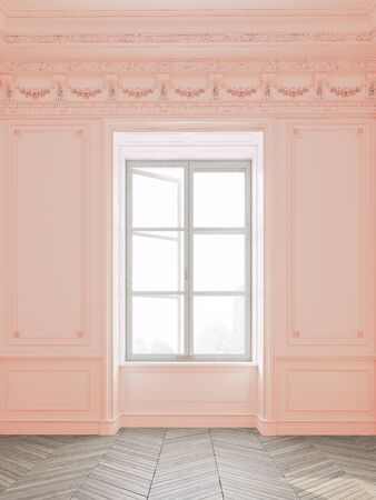 Bright, empty and light coral colored room with big windows. 3d rendering.の写真素材