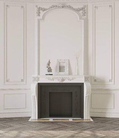 Bright, light and empty white room with fireplace and wall decoration. 3d rendering.の写真素材