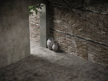 Empty ancient brick wall with leaves, sunlight with shadows, background. 3d rendering.の写真素材