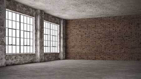 Empty, loft industrial grunge interior. Old brick walls and big windows. Interior concept background .3d Renderの写真素材
