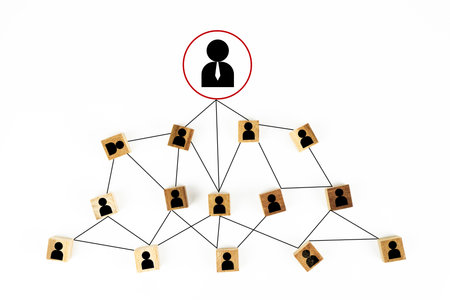 A visual representation of an organizational hierarchy, using connected elements to show relationships and reporting structure, highlighting leadership and team dynamics.の写真素材