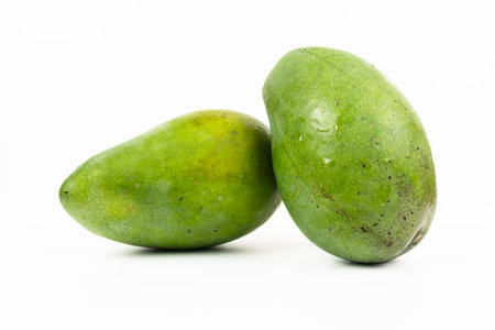 Two whole green mangoes lean together isolated on a white background for fruit packaging design.の写真素材