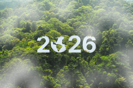 Large white number 2026 stands over a lush jungle symbolizing future environmental goals for the planet.の写真素材