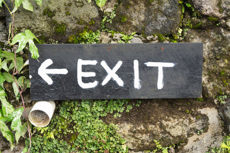 Wooden Exit Sign on Stone Wall with Mossの写真素材