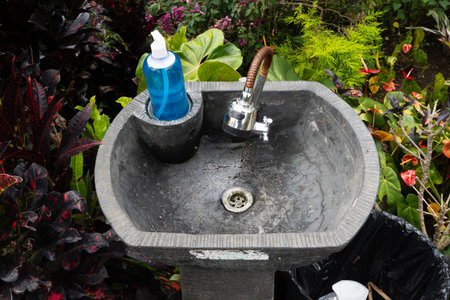Outdoor Sink with Soap Dispenser Surrounded by Lush Greenery