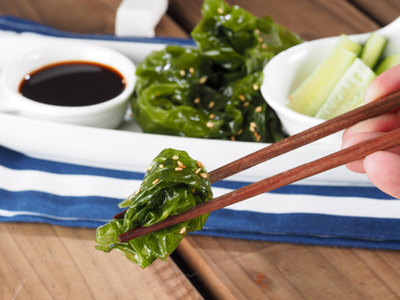 Sea lettuce Salad â Ensalada de lechuga de mar  Edible green algae in the family Ulvacceae. Binomial name: Ulva lactuta.の写真素材