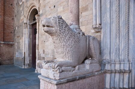 this sculpture of the lion in romanesque style guards the entrance to the cathedral of parma since 12 centuryの写真素材