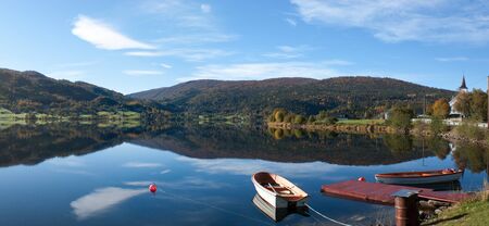 Panoramic view of Norwegian lakeの写真素材