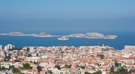 The Chateau D'If and neighboring offshore islands seen from Marseille.の写真素材